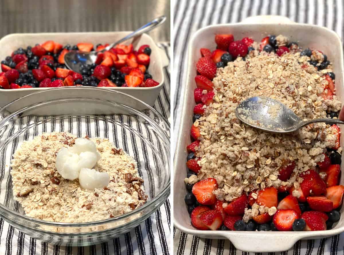 showing how to make a mixed berry crumble with all the berries in a white rectangular baking pan and a glass bowl filled with oats, almond flour and coconut oil, the second photo show the topping being spread over the berries