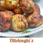 PINTEREST PIN: turkey corn meatballs with red pepper sauce in the background