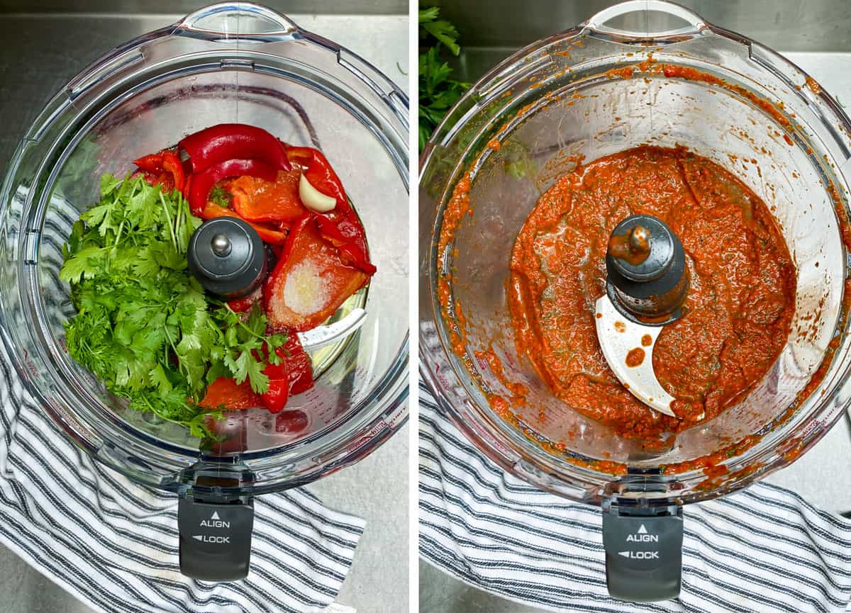 looking down into the bowl of a food processor with roasted peppers, cilantro, garlic and spices, before and after it's pureed.