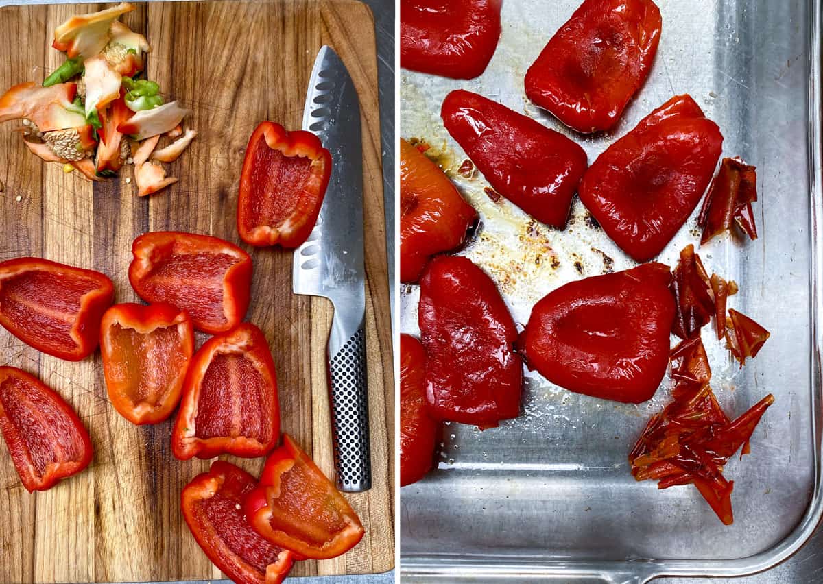 2 red bell peppers seeded and sliced into quarters, then a shot of them after they've been roasted and peeled