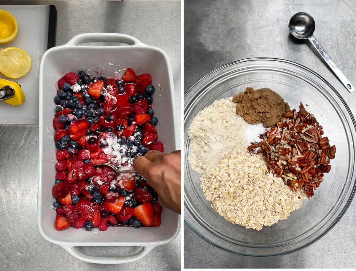 berries in a white rectangular baking dish, a glass bowl filled with a pile of oats, a pile of pecans, some brown sugar, almond flour and salt