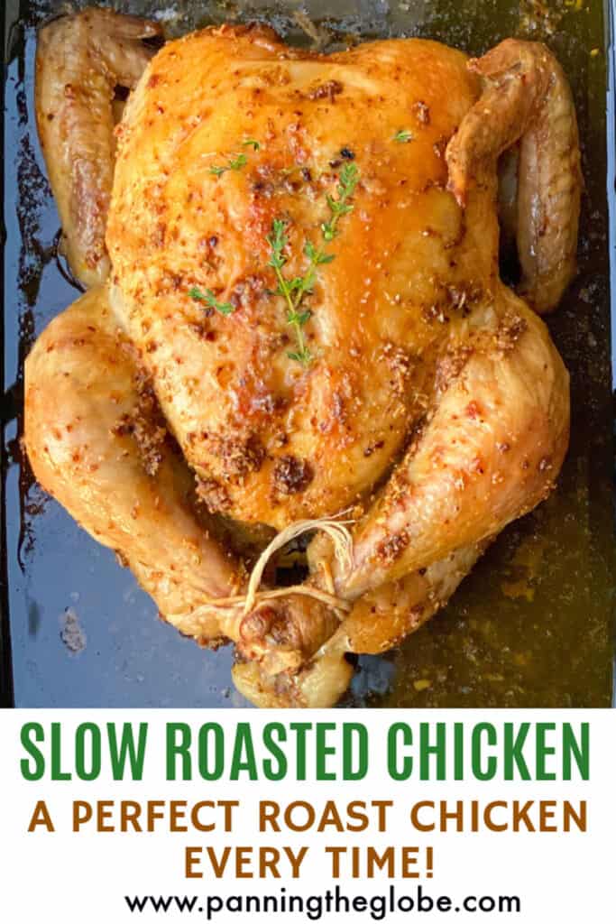 Pinterest Pin: a whole slow roasted chicken seen from above, with a few sprigs of fresh thyme on top