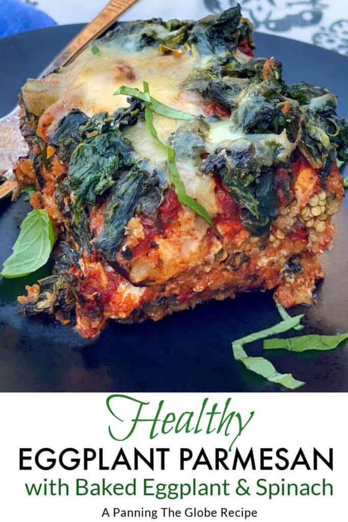 a slice of eggplant parmesan with a topping of spinach and cheese