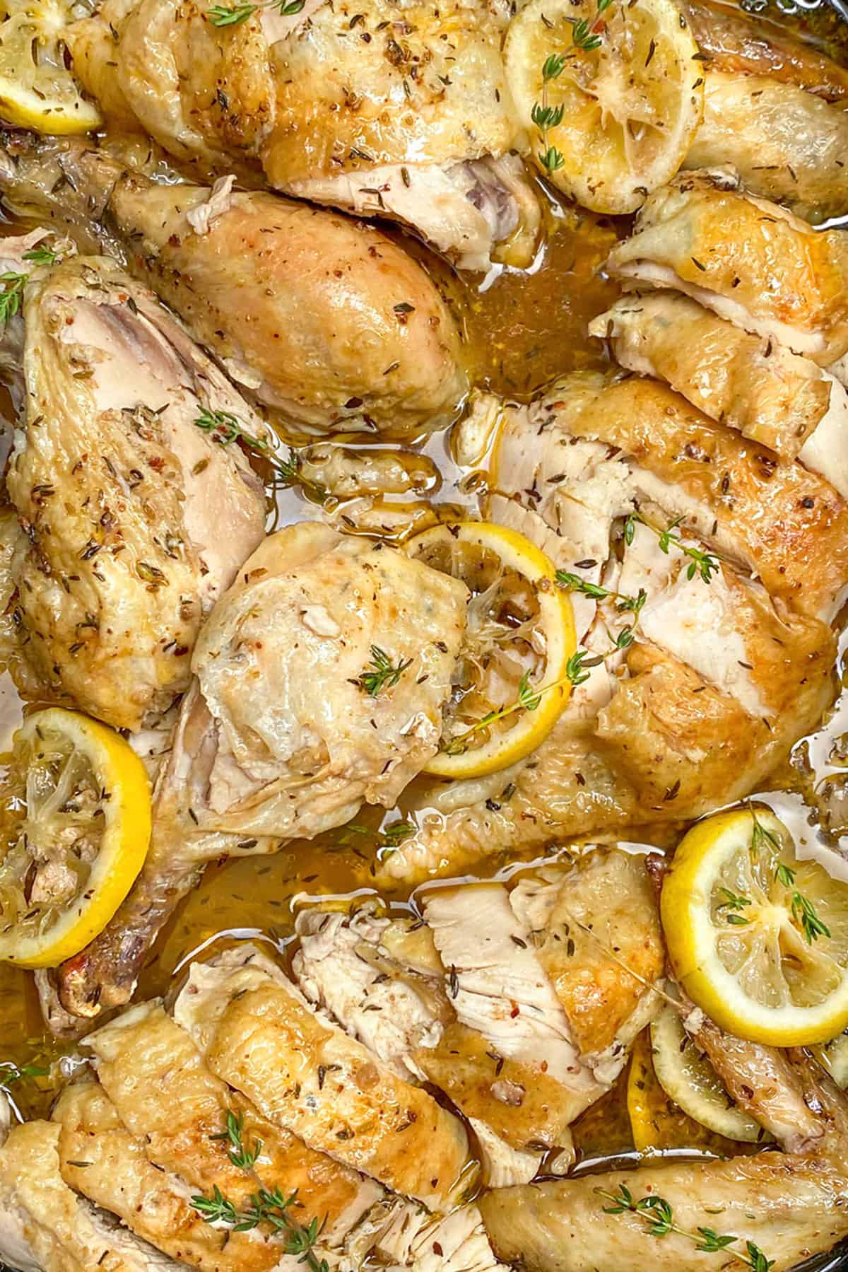 A whole chicken cut up into serving pieces, nestled into pan juices with sliced lemons strewn around