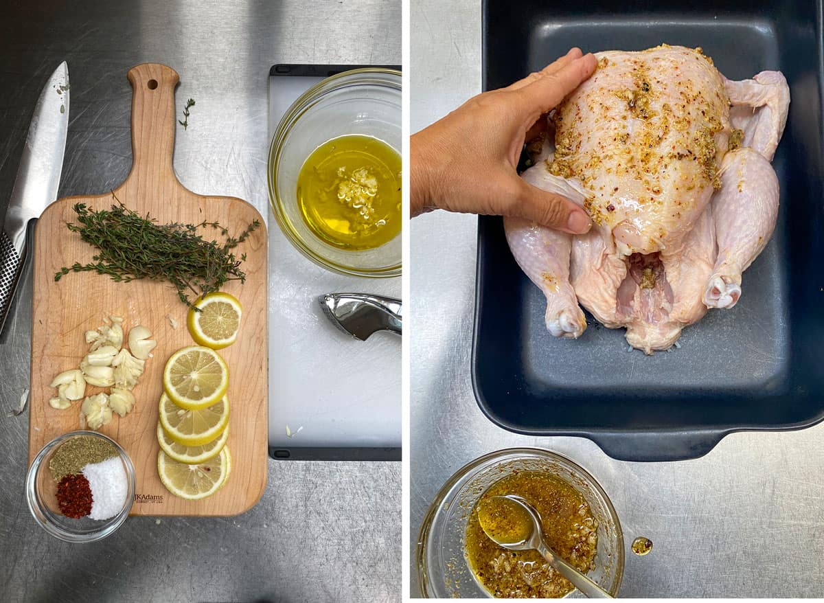a wooden cutting board topped with sliced lemon, a bunch of fresh thyme, several garlic cloves, a glass bowl with salt and spices, and a glass bowl with olive oil and garlic. the next photo shows a raw chicken being rubbed with olive oil, garlic and spices