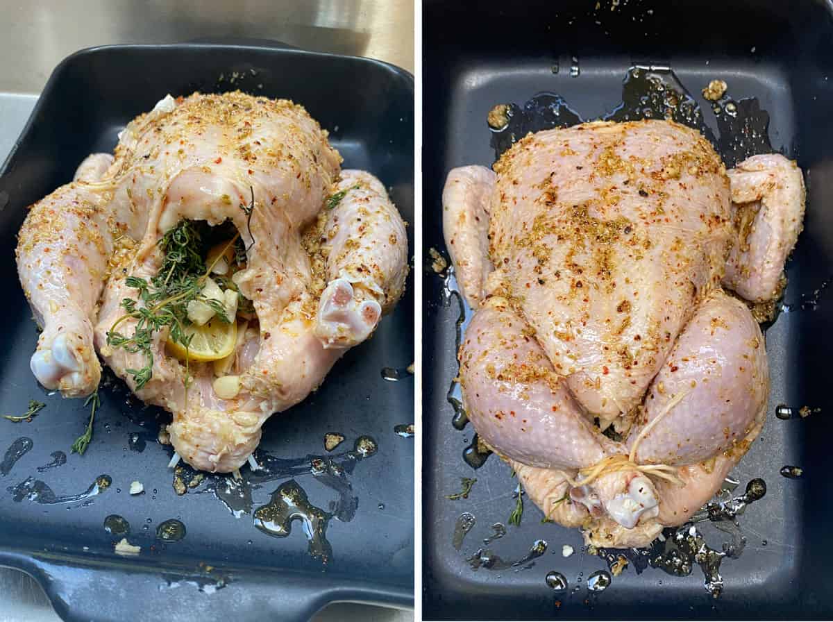 raw chicken coated with spice rub, showing the cavity filled with fresh thyme, lemon slices, and garlic cloves, the next photo shows the whole chicken in the pan from above, with the legs tied together