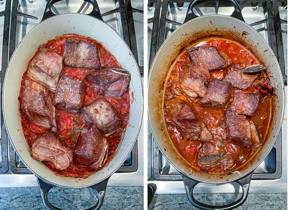 a pot of short ribs in sauce before braising and after braising