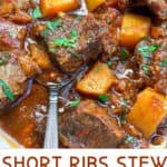 Pinterest pin: close up of beef short ribs stew with butternut squash