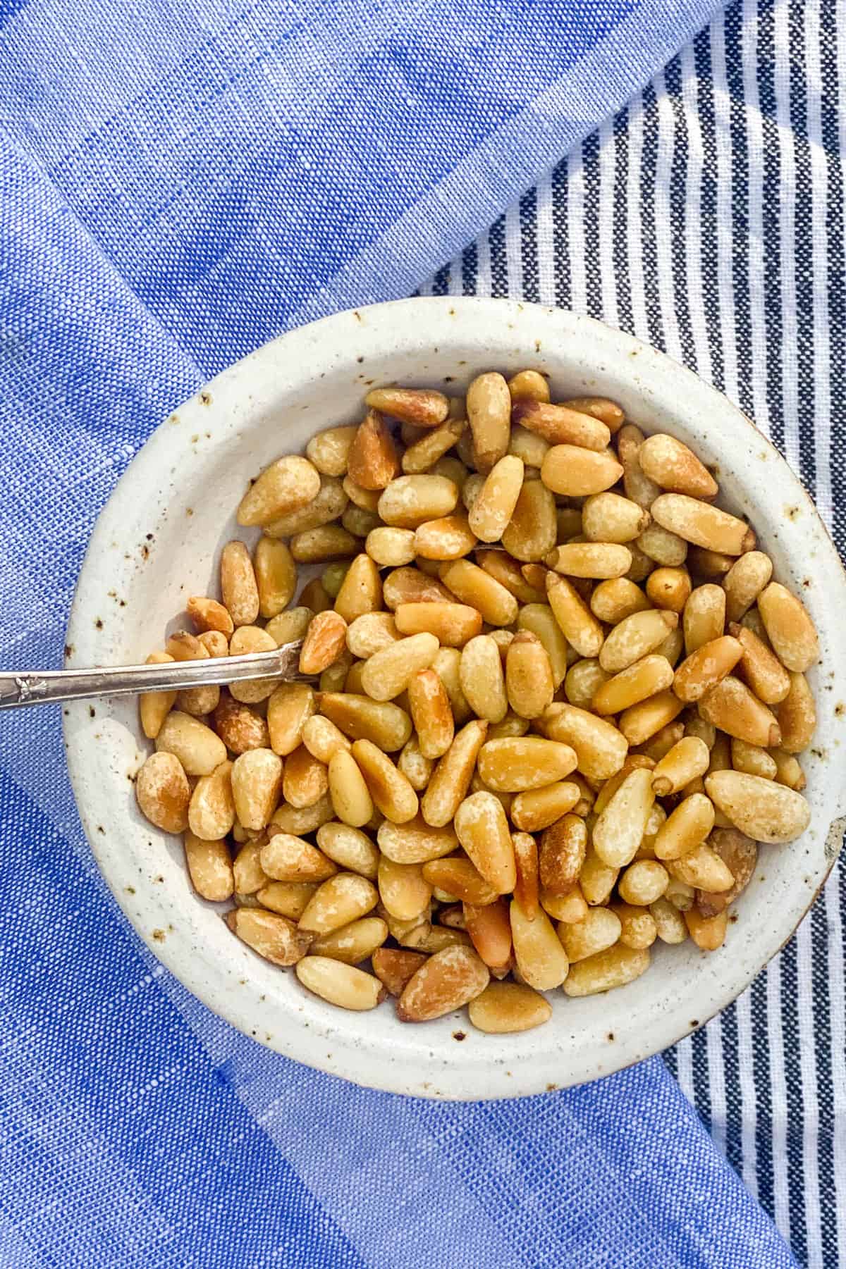 small white bowl on a blue dish towel, filled with toasted pine nuts