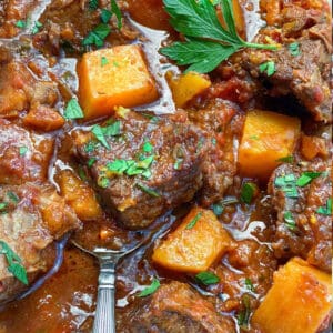 close up of beef short ribs and cubes of butternut squash in rich gravy with sprinkles of chopped parsley on top