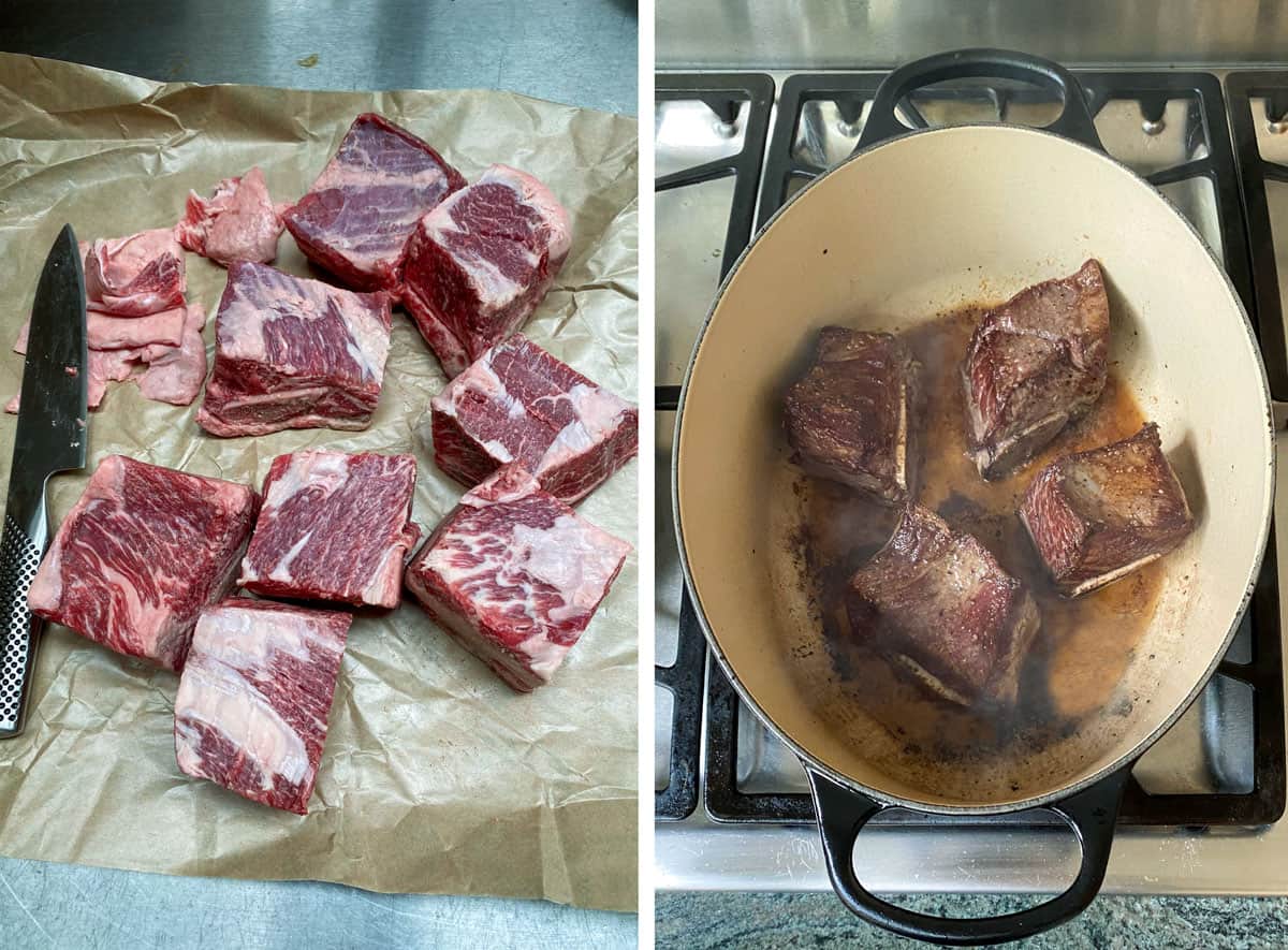 how to make short ribs stew: a photo of 8 chunks of raw short ribs set out on brown butcher paper, then a photo of 4chunks of short ribs browning in a Dutch oven