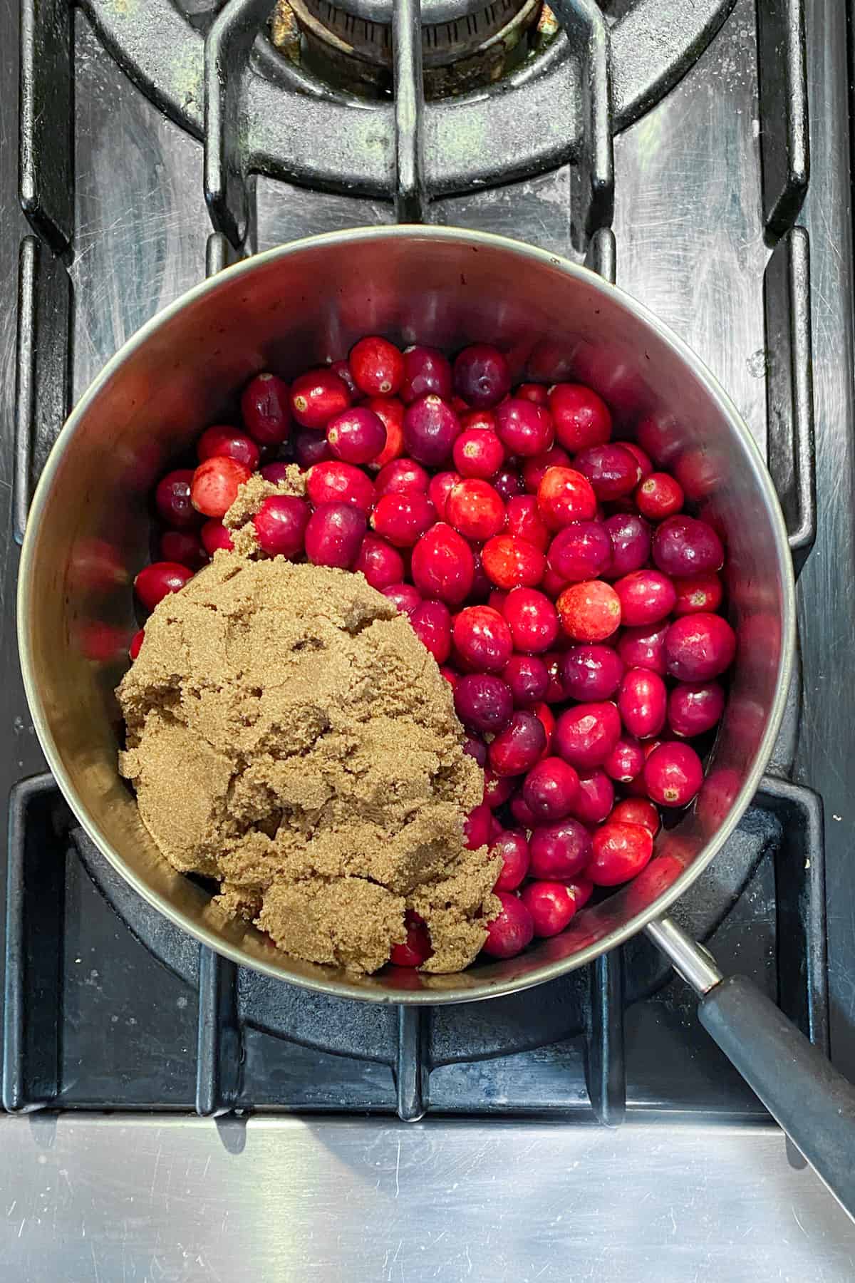 looking down into a saucepan filled with fresh cranberries and a cup of brown sugar