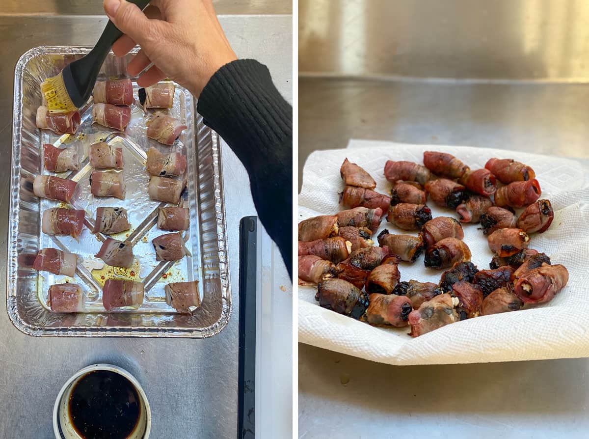 a foil pan filled with prunes rolled up in bacon, someone brushing the tops of the rolls with balsamic vinegar, using a pastry brush. Another photo showing the bacon wrapped prunes draining on a paper towel lined plate after being broiled in the oven