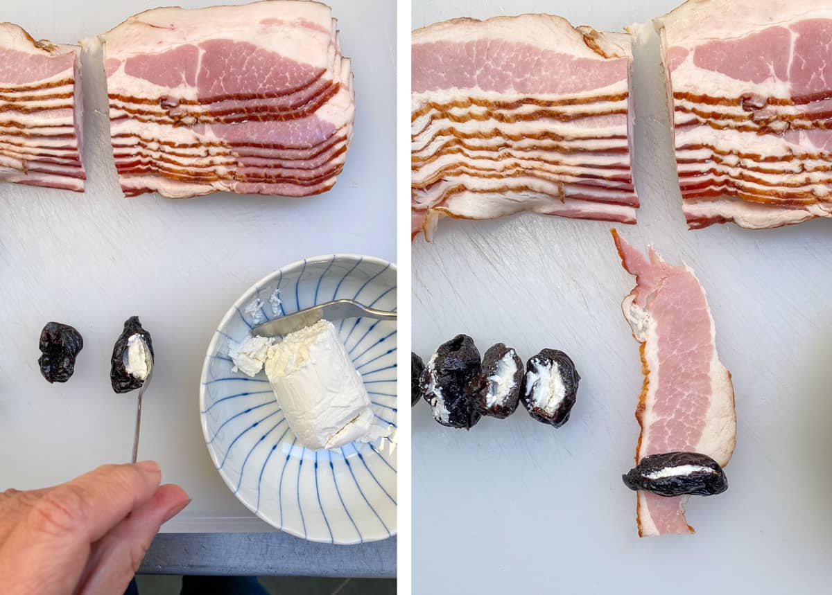 demonstrating how to stuff prunes with goat cheese and then roll then up in strips of bacon