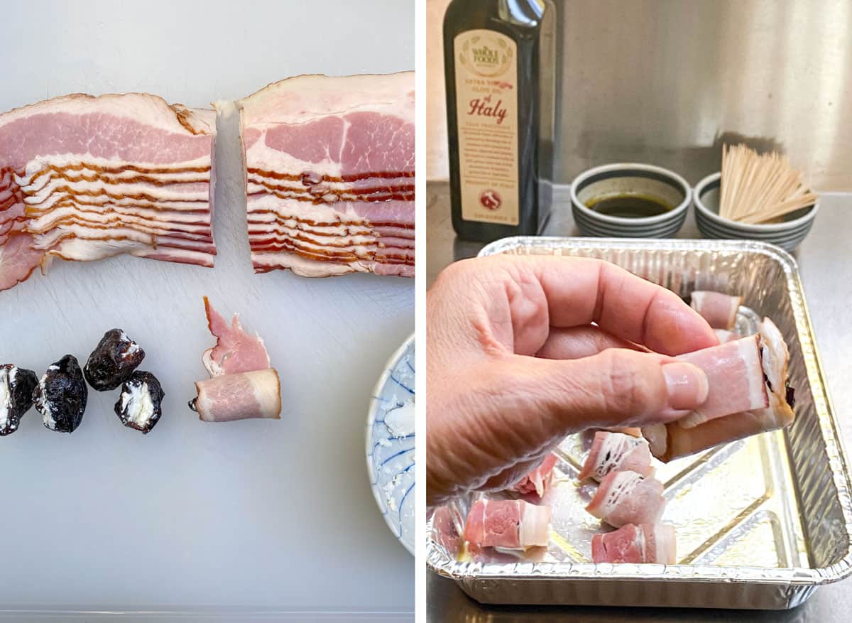 white cutting board topped with a stack of ten bacon strips cut in half, a few prunes stuffed with goat cheese, a hand holding a prune that's been rolled up in a strip of bacon