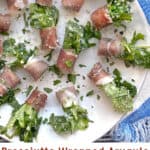 pinterest pin: a round white plate topped with a dozen or so bundles of arugula wrapped with prosciutto