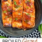 pinterest pin: 3 fillets of salmon with apricot soy glaze in a black bowl