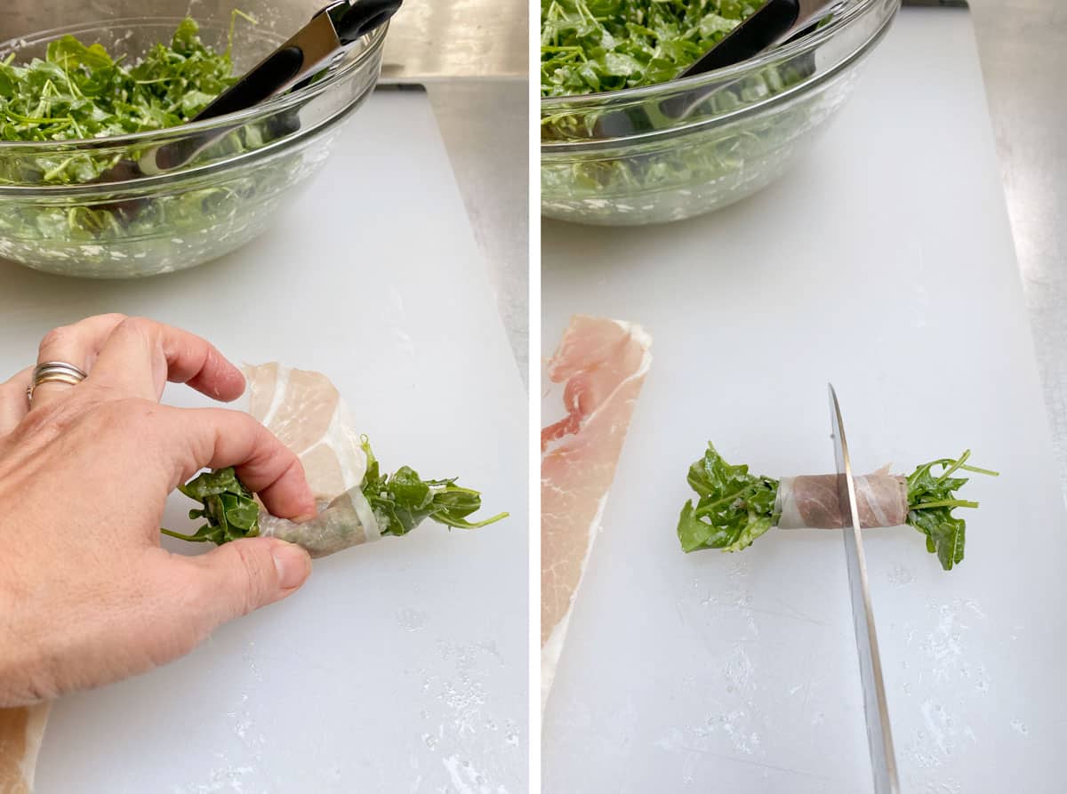 overhead shot showing how to roll arugula leaves in prosciutto