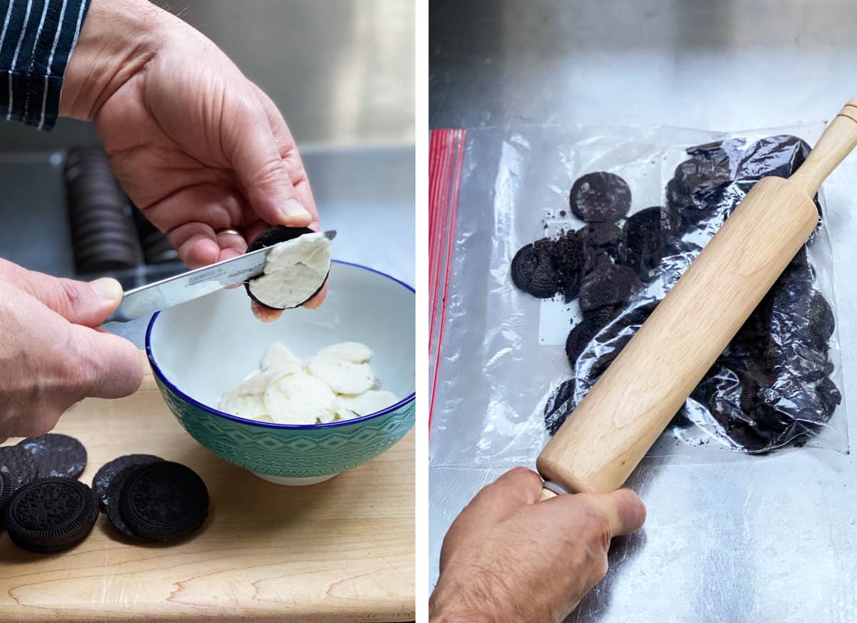 oreo cream centers being removed from the chocolate cookies and then the cookies inside a plastic baggie, being crushed with a rolling pin