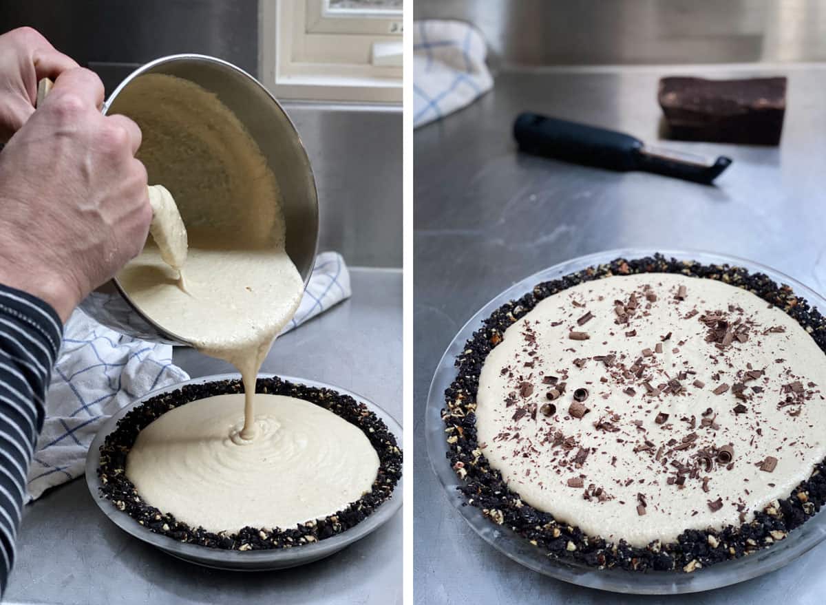 mocha filling being poured from a metal bowl into a prepared cookie crumb pie crust, then a photo of the pie topped with chocolate shavings, the hunk of chocolate in the. background