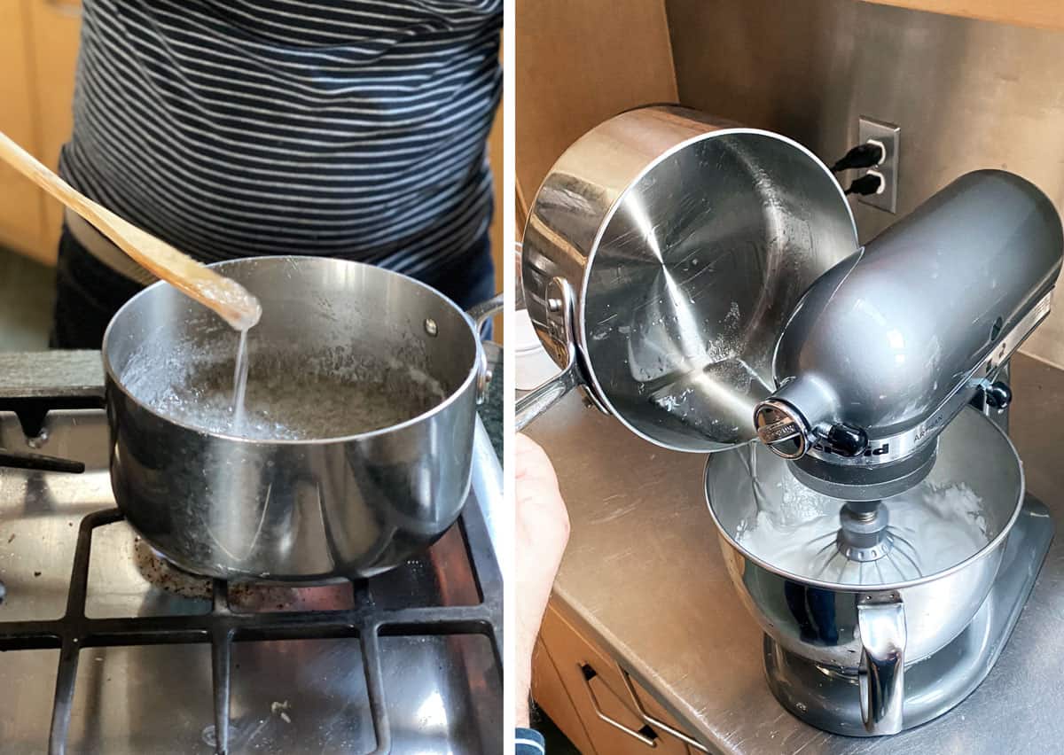 close up of a metal saucepan heating sugar and water, then the sugar water being poured from the pot into a stand mixer filled with beaten egg whites