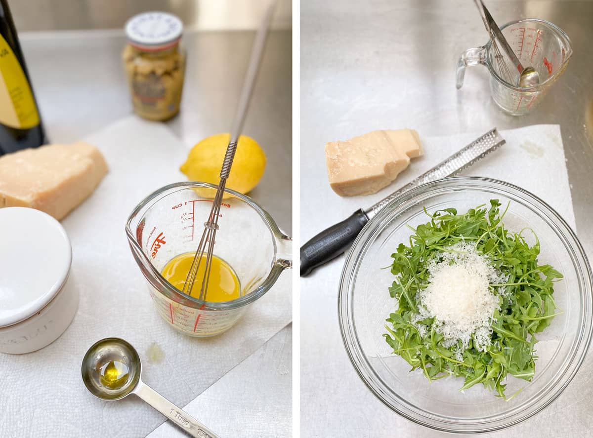 Two images: first one shows a lemon, jar of Dijon mustard, hunk of parmesan, measuring cup with a whisk, whisking lemon dressing. Next photo shows a bowl of arugula with grated parmesan on top