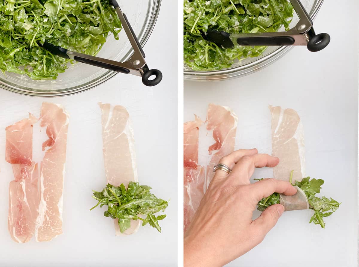 Overhead shot showing two 1-inch wide, 4-inch tall strips of prosciutto with a bunch of arugula on one end, the next shot shows a hand starting to roll the arugula up in the prosciutto