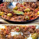 skillet full of Cuban Picadillo - ground beef stew with olives.