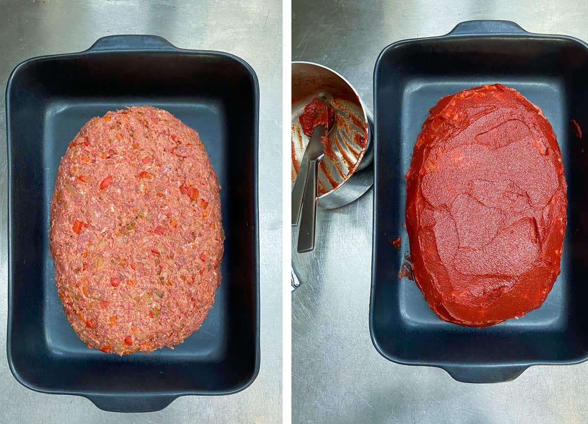 overhead shots of a raw meatloaf in a black roasting pan unglazed and then glazed with a vivid red tomato glaze