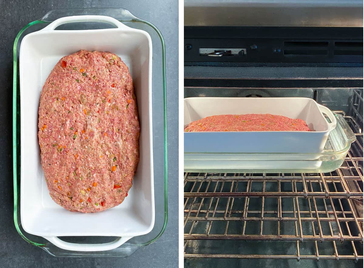 two images, the first an overhead shot of an oval shaped meatloaf in a white rectangular baking dish which is inside of a larger glass baking dish, the second showing the baking dishes in an oven, the large one filled with water to create a double boiler for the meatloaf.