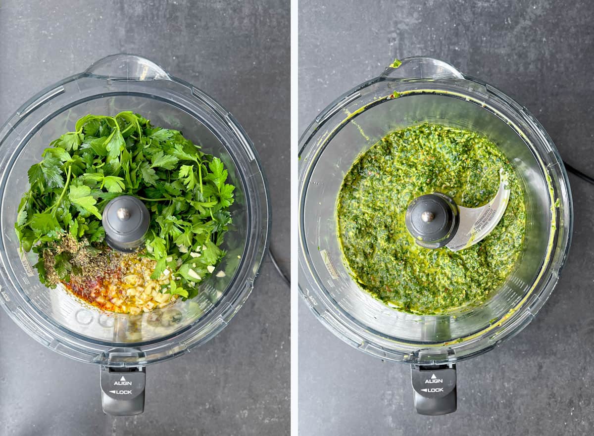 two overhead shots looking down into the bowl of a food processor, one with chimichurri ingredients, parsley, garlic, oil, vinegar and spices, and the other with pureed chimichurri sauce