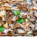 PINTEREST PIN: close up of shredded pork carnitas with a few cilantro leaves