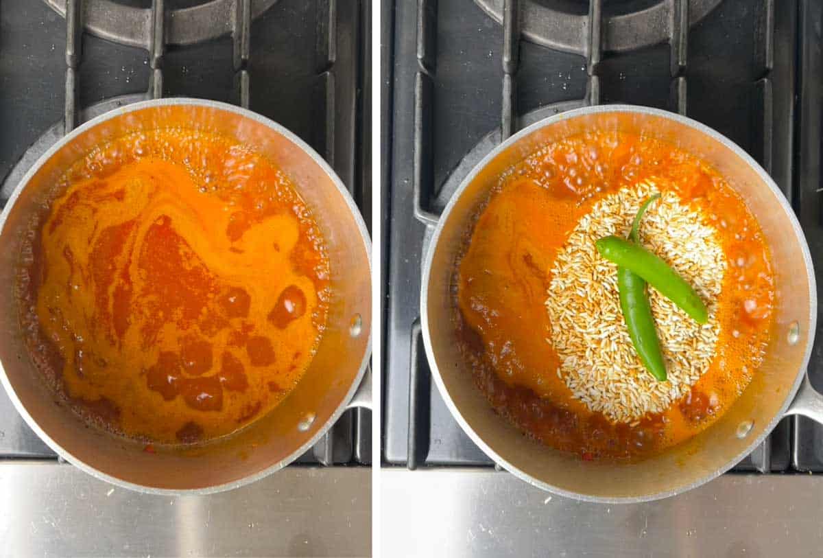 Two overhead images of a saucepan. First filled with tomato broth, then the same pot with toasted rice added and two halves of a serrano chile pepper on top