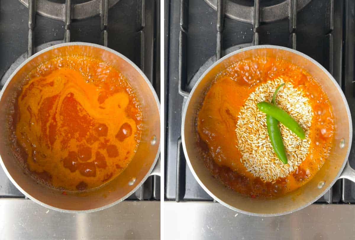 Two overhead images of a saucepan. First filled with tomato broth, then the same pot with toasted rice added and two halves of a serrano chile pepper on top