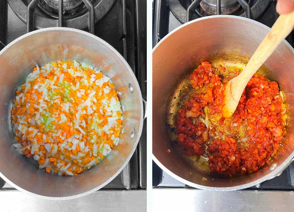 overhead shot of carrots and onions simmering in a saucepan, then a shot of tomato paste being caramelized with the carrots and onion.