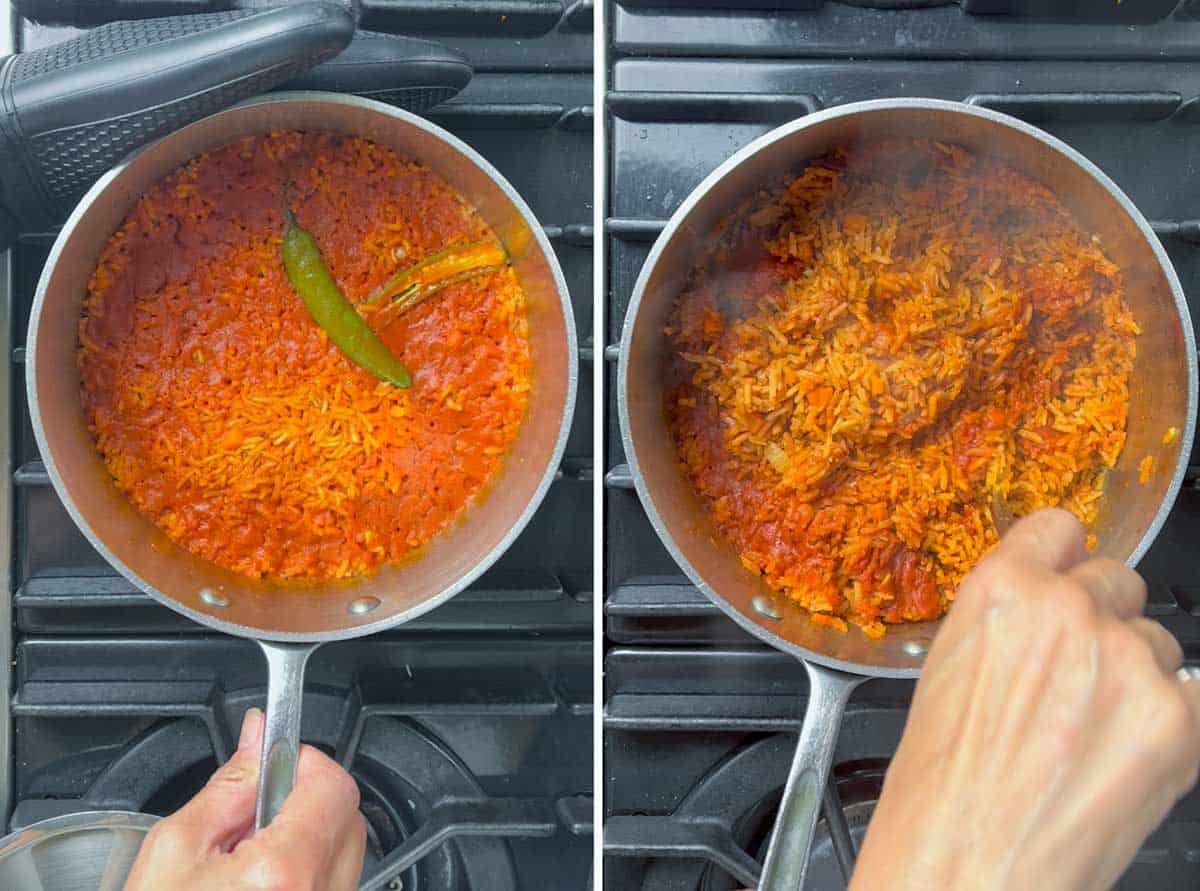 two images of a saucepan seen from overhead. The first is what Mexican red rice looks like just after it's been cooked and the lid is removed, the second shot shows a hand with a fork, fluffing the cooked red rice.