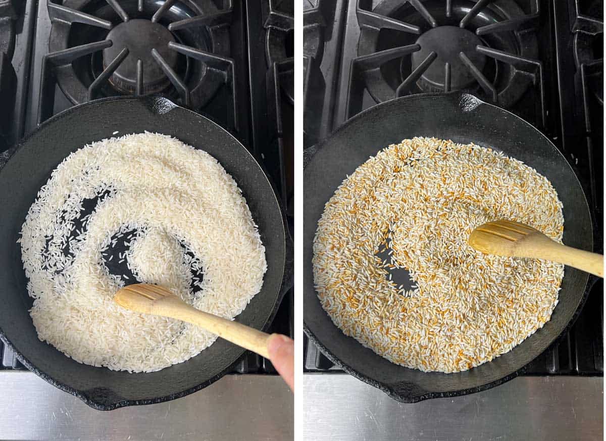 overhead shot showing two images of a cast iron skillet. The first is filled with raw white rice being stirred with a wooden spoon. The second shows the golden colored rice after it's been toasted 