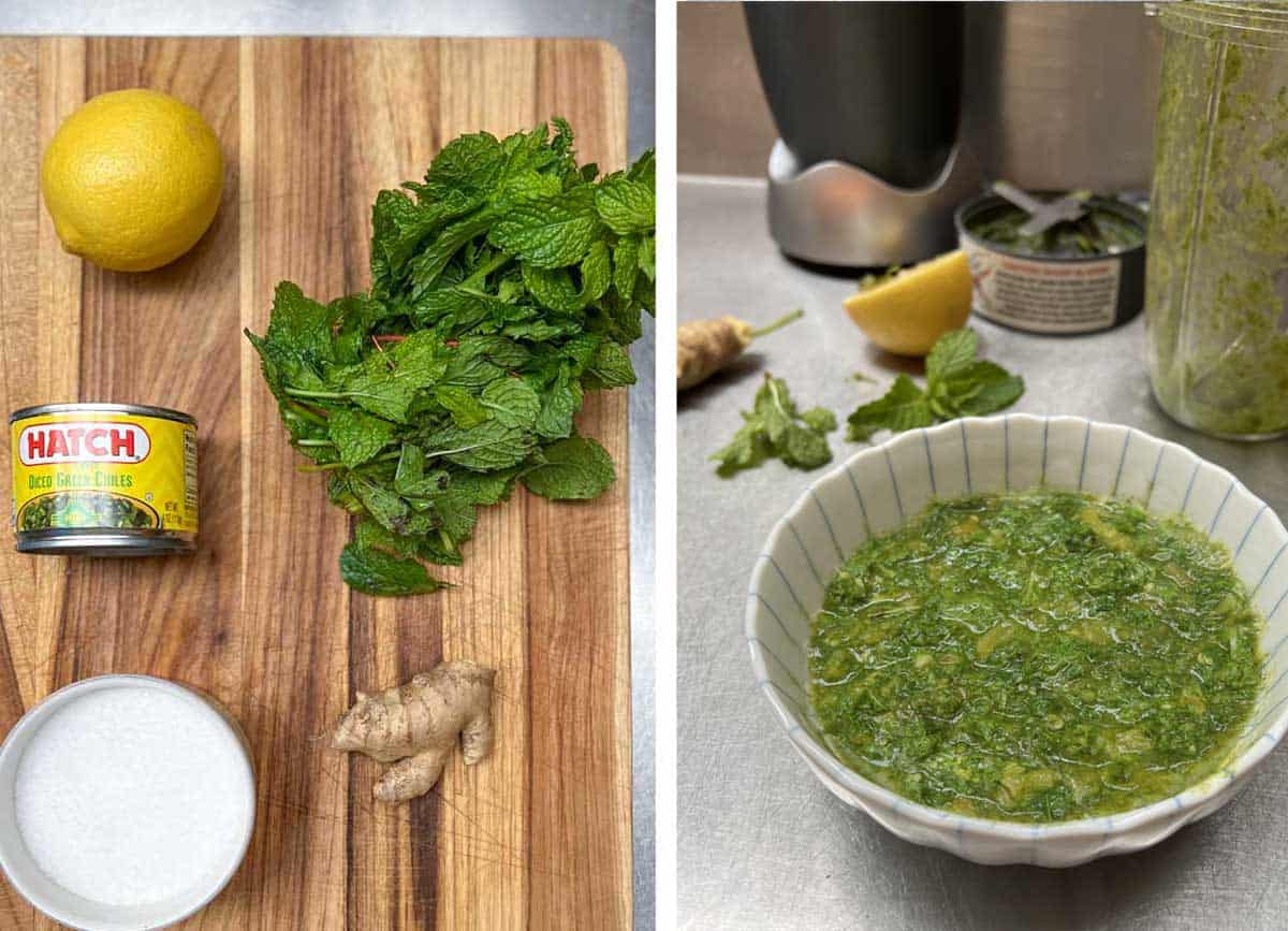 mint, lemon, ginger and canned green chilies on a cutting board, then in a bowl, pureed