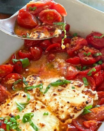 hunks of broiled feta in a white casserole dish surrounded by sautéed cherry tomatoes