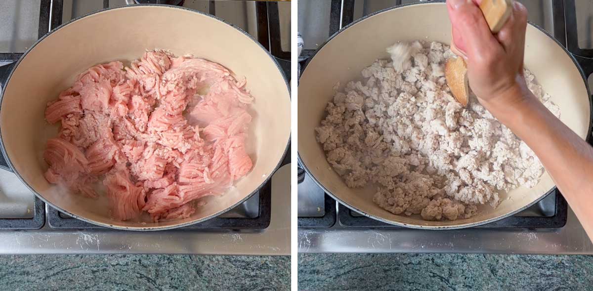 raw ground turkey in a dutch oven and browned ground turkey in a dutch oven