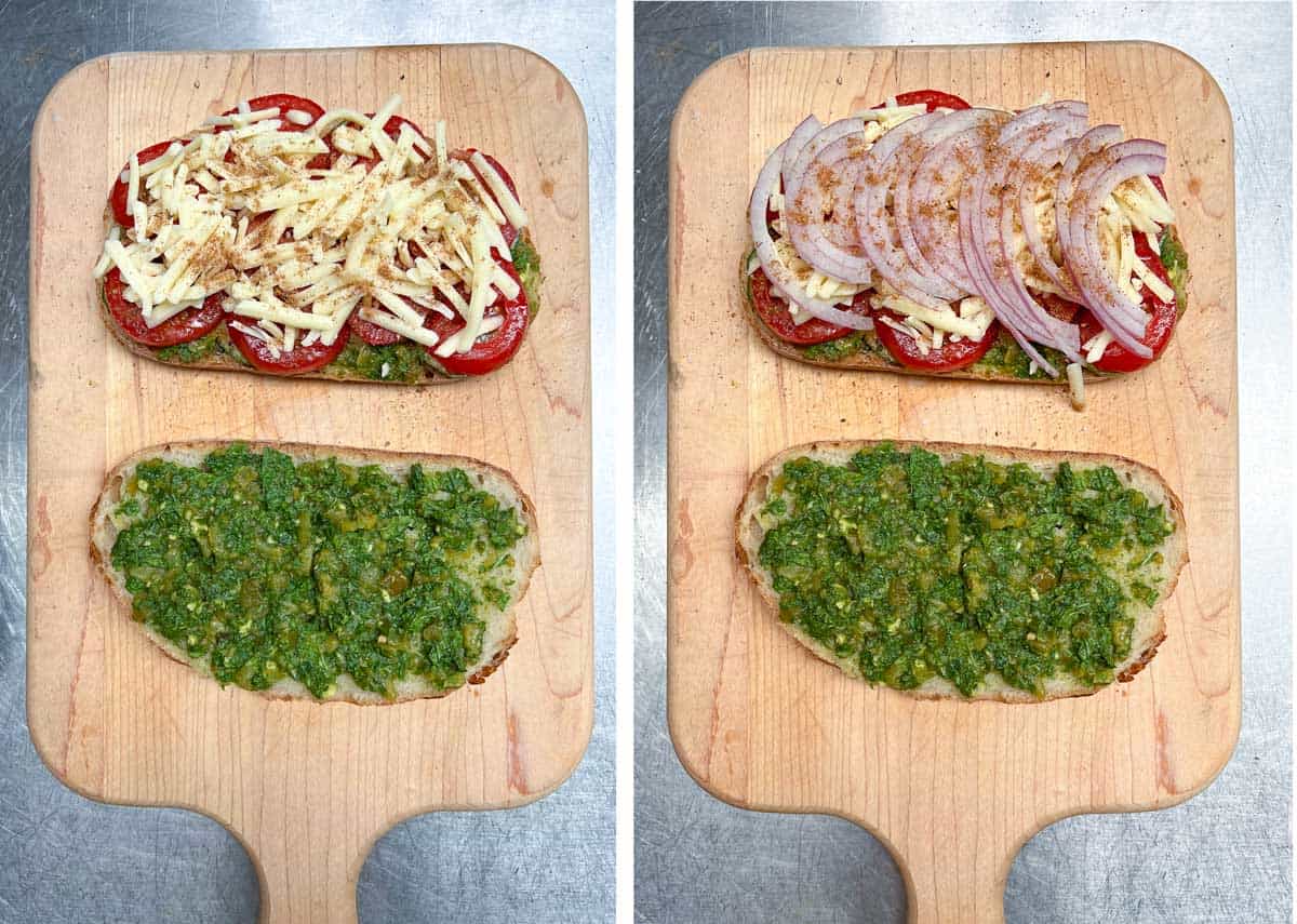 4 pieces of bread on a cutting board, two topped with mint chutney, one with grated cheese, one with red onions.