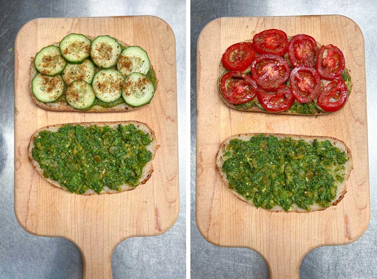 4 pieces of bread on a cutting board, one topped with sliced cucumbers, two with mint chutney, one with sliced tomatoes