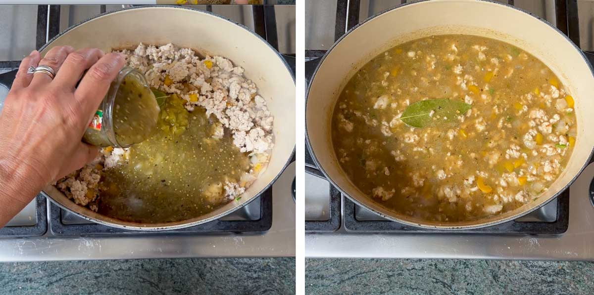 salsa verde being poured into a dutch oven and then a the dutch oven is shown with all the ingredients mixed together