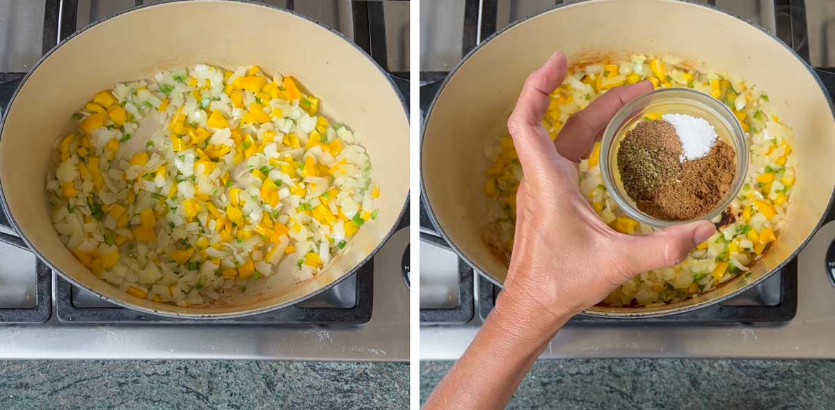 chopped onions, jalapenos, yellow peppers and garlic in a dutch oven, a small bowl of spices about to be dumped into the pot