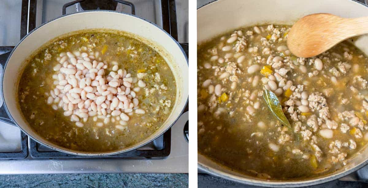 dutch oven with white beans added to pot of turkey chili, close up of turkey chili being stirred with wooden spoon