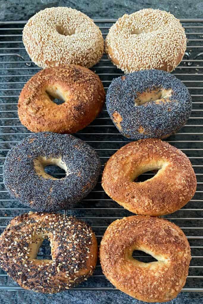 8 bagels lined up on a cooling rack, 2 poppy, 2 everything, 2 sesame and 2 parmesan garlic