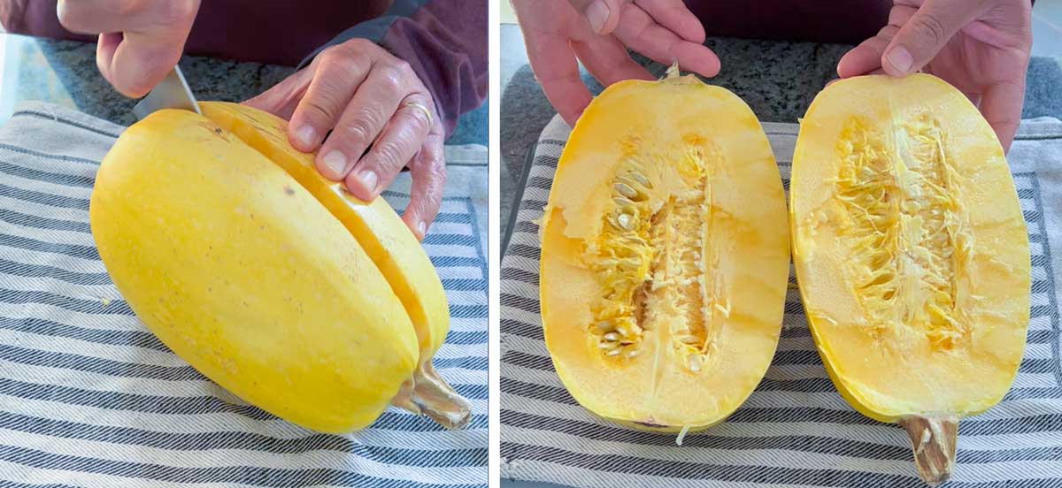large knife cutting a spaghetti squash in half and two halves of a spaghetti squash on a striped dish towel