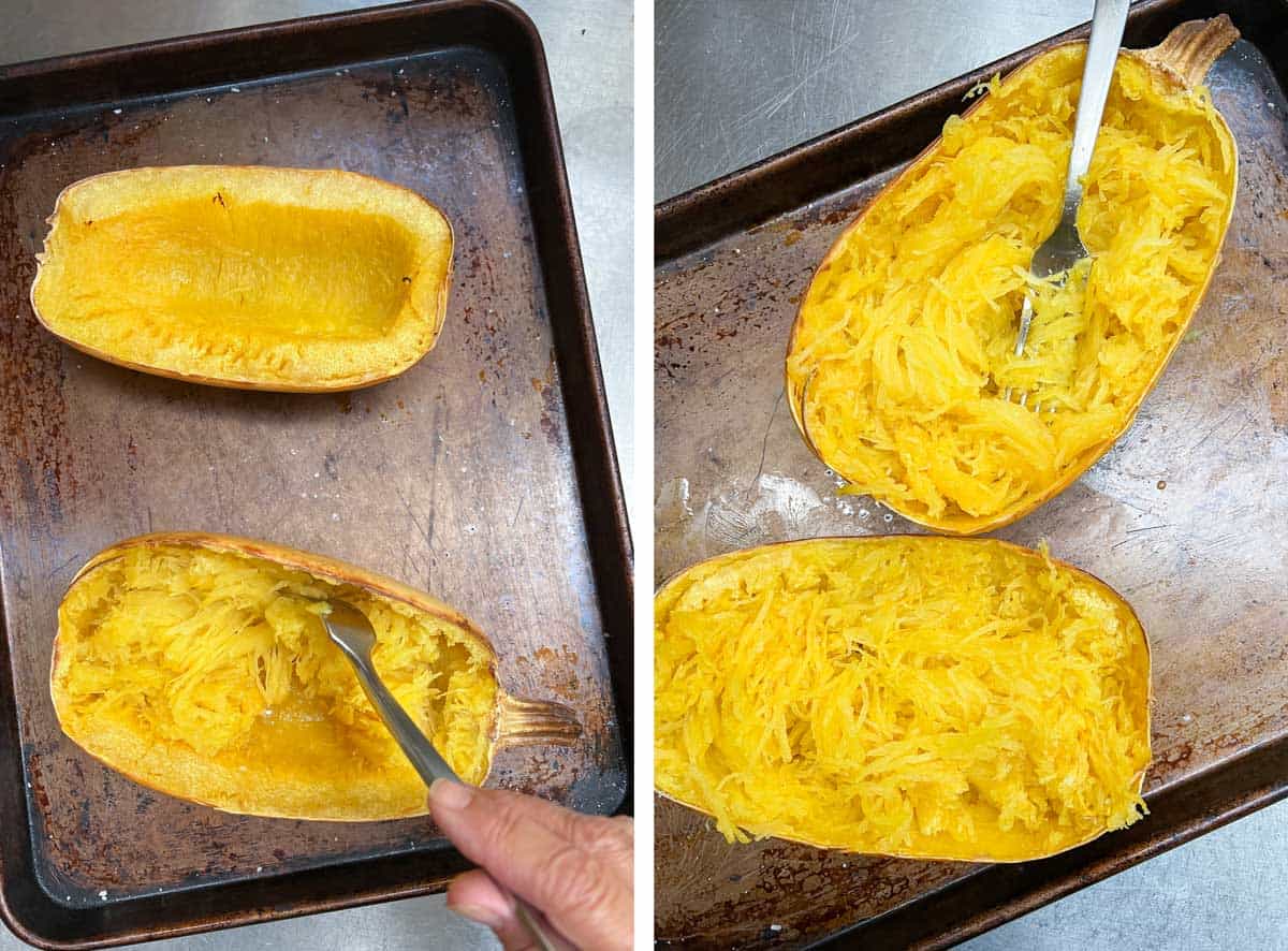 roasted spaghetti squash halves on rimmed baking sheets with forks scraping them to make the flesh into spaghetti-like strands