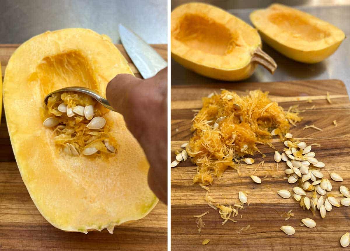 spaghetti squash halves on a wooden cutting board getting their seeds and pith scooped out with a tablespoon.