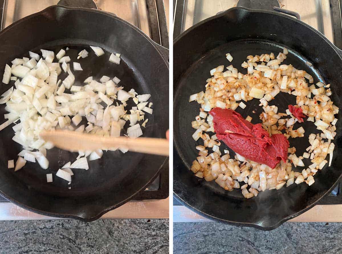 onions and garlic sautéing in a cast iron skillet, tomato paste is added to the skillet